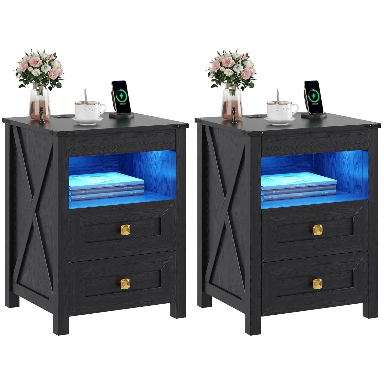 LED Nightstand Set of 2 with Gun Drawer: Bedside Table with Charging Station for Bedroom Furniture – Farmhouse, Customized