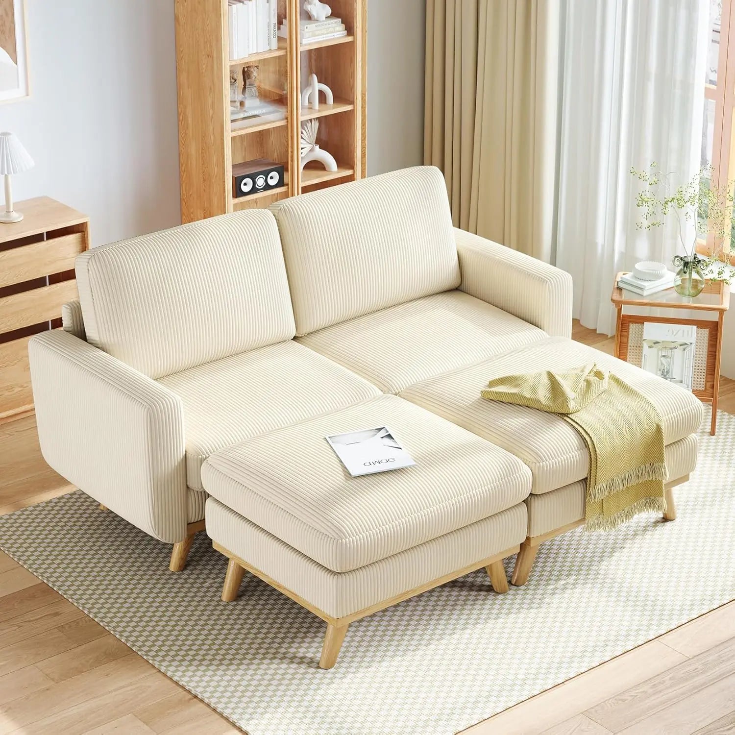 97" L-Shape Modular Sectional Sofa 3-Seat Corduroy Movable Ottoman Living Room Green, Customized