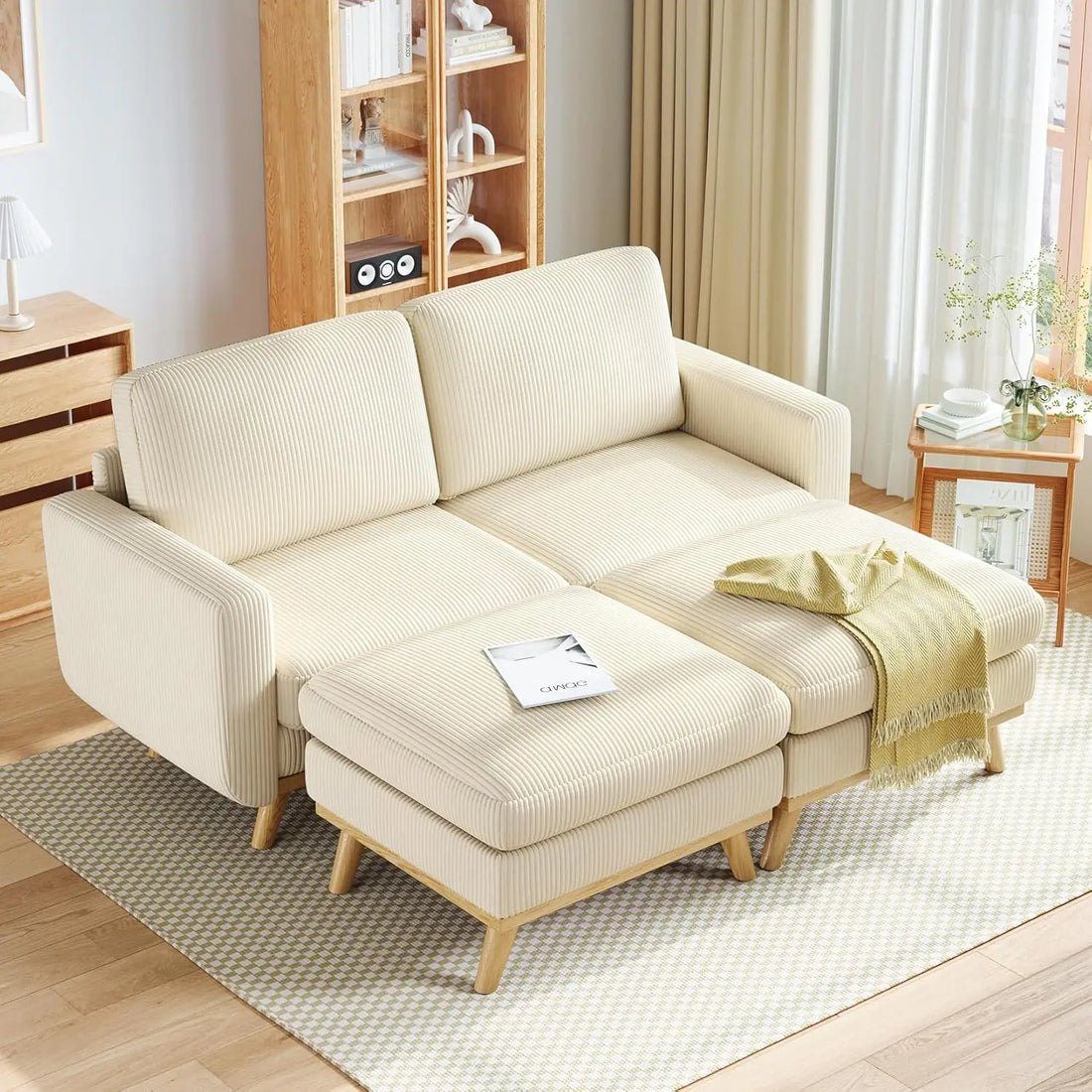 97" L-Shape Modular Sectional Sofa 3-Seat Corduroy Movable Ottoman Living Room Green, Customized