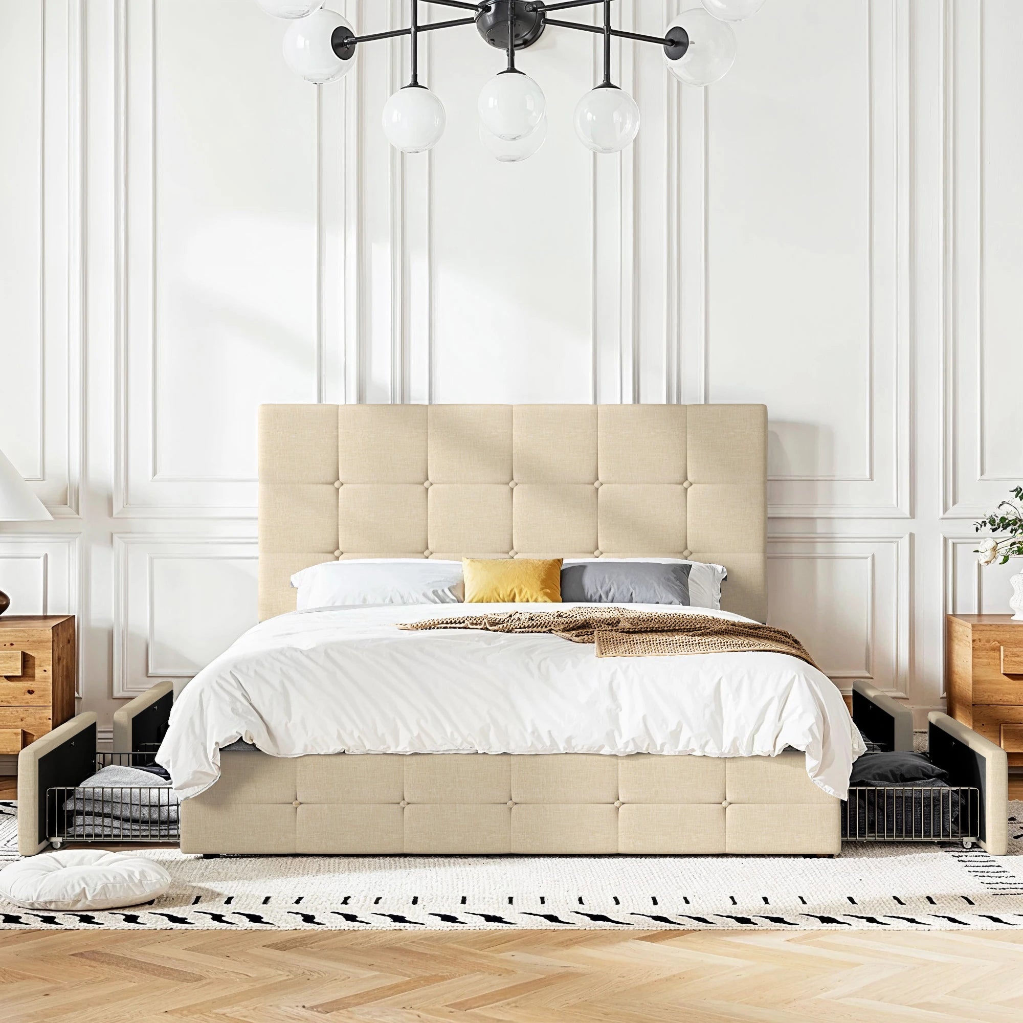 HOOMIC Platform Storage Bed Frame with 4 Drawers, Adjustable Headboard with Square Stitched Button Tufted Design Allewie