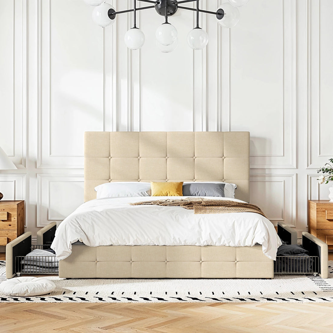 HOOMIC Platform Storage Bed Frame with 4 Drawers, Adjustable Headboard with Square Stitched Button Tufted Design Allewie