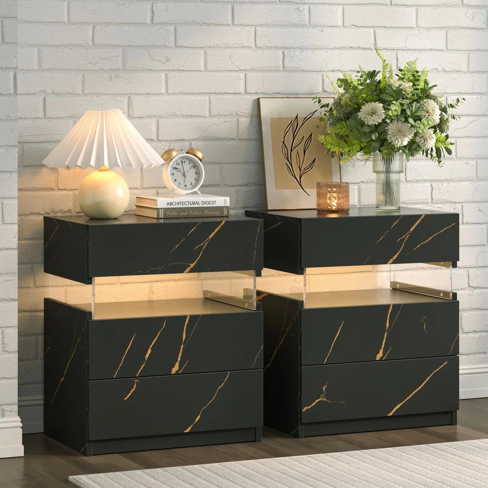 Cubehom Bedside Tables 2 Set with LED Lighting White Bedside Table with 3 Drawers Bedside Table for Bedroom