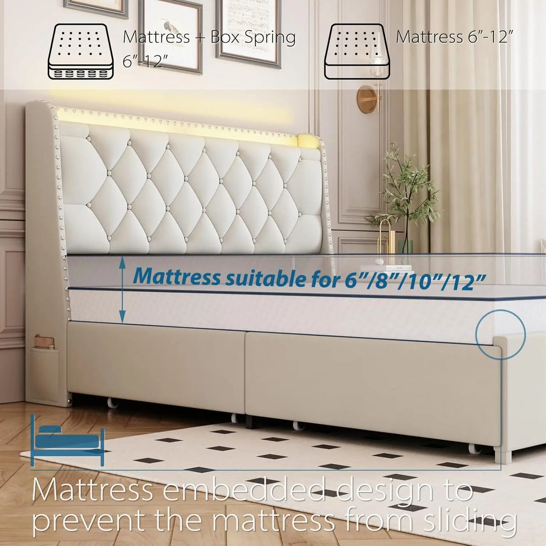 Queen Size Bed Frame with 4 Drawers & Storage Headboard, Upholstered Platform Bed with LED Lights & Charging Station, Beige