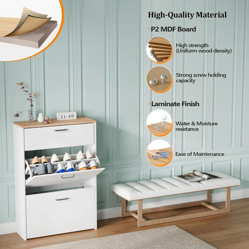 Shoe Cabinet Storage for Entryway Ultra Slim with 2 Flip &1Drop-Down Drawers, 24.8" W Narrow Shoe Cabinet for Front Door