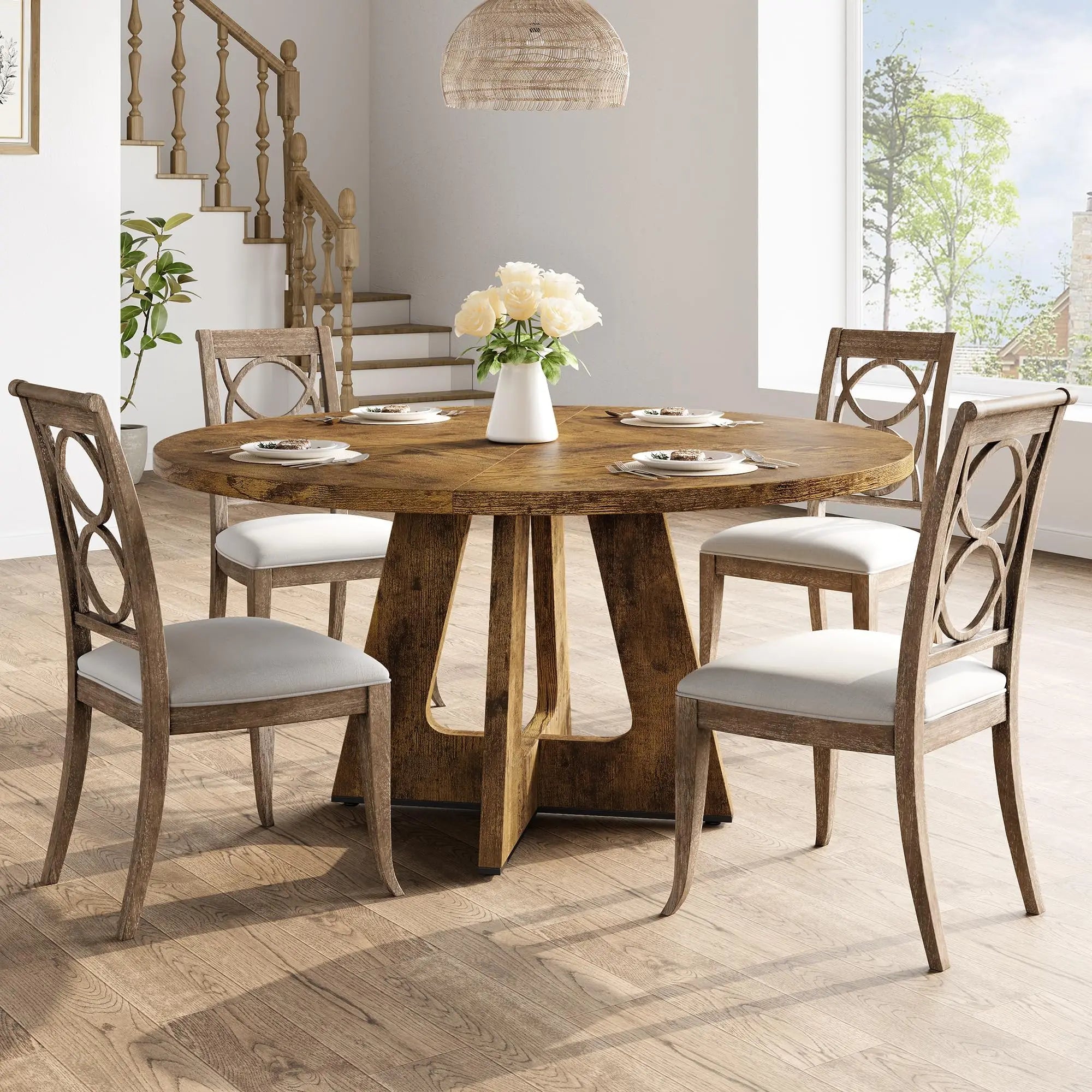 47-Inch Round Dining Table Large Wooden Kitchen Table For 4 to 6, Farmhouse Dinner Table For Home Dining Room or Living Room