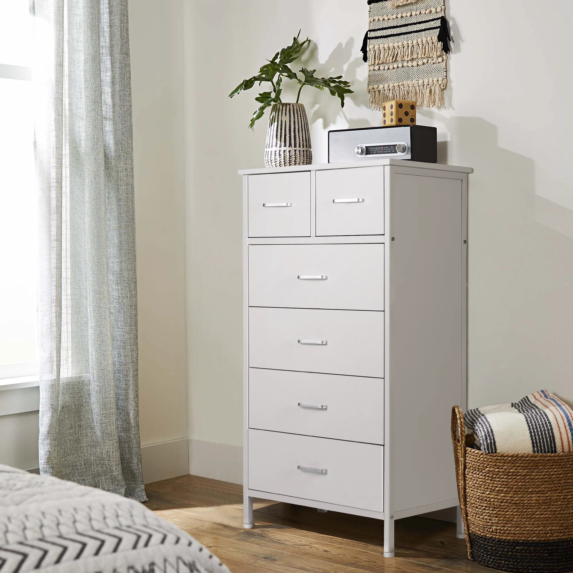 Chest of 6 Drawers, Drawer Dresser storage organizer for Bedroom, Living Room, Storage Cabinet Dresser with Steel Frame, White