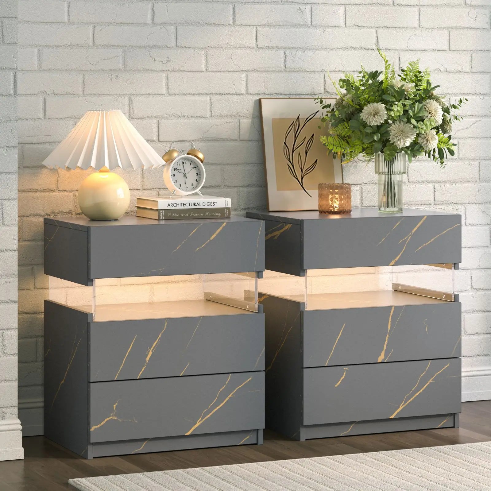Cubehom Bedside Tables 2 Set with LED Lighting White Bedside Table with 3 Drawers Bedside Table for Bedroom