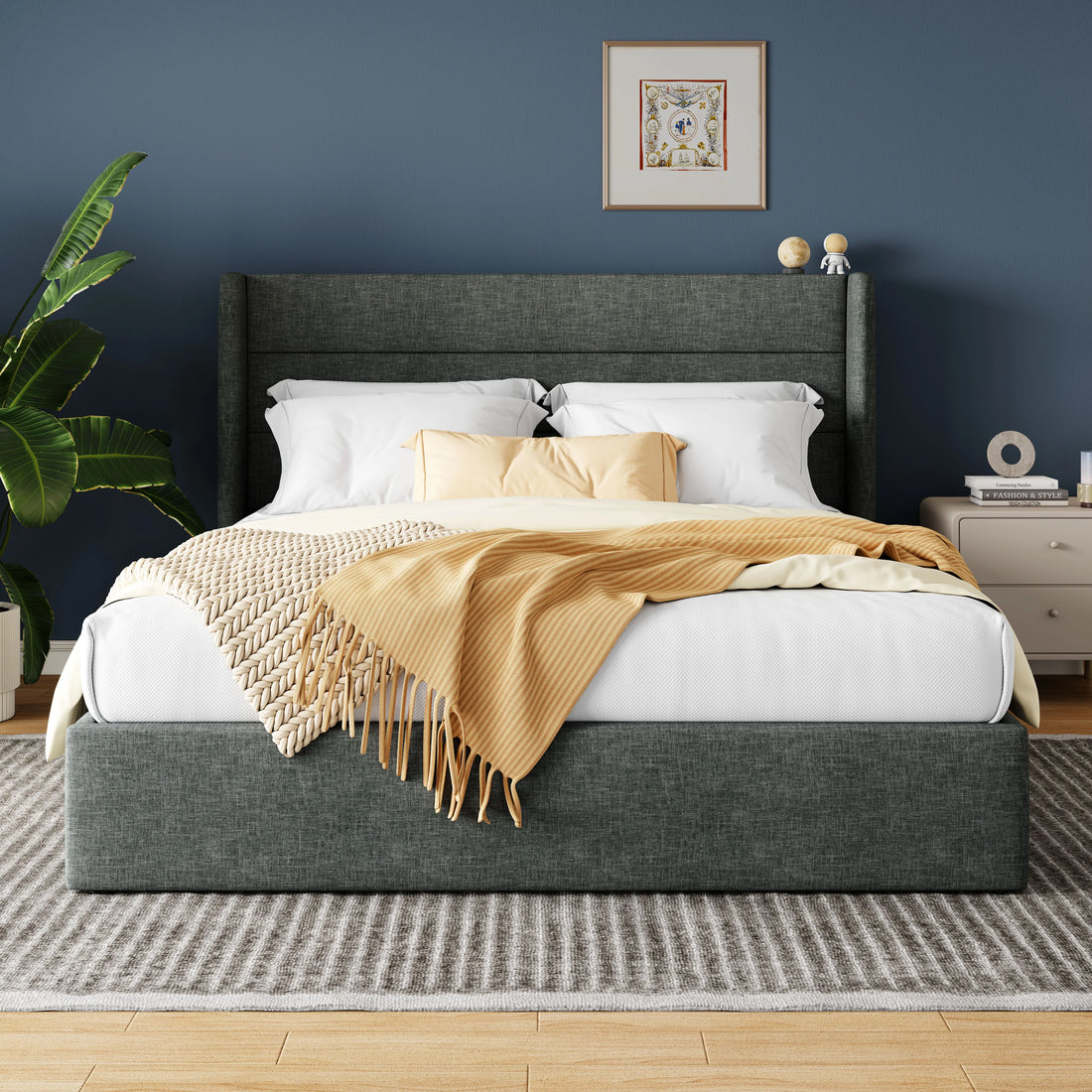 HOOMIC Lift Up Storage Bed with Wingback Headboard/Heavy-Duty Hydraulic Bed/Large Underneath Storage Allewie
