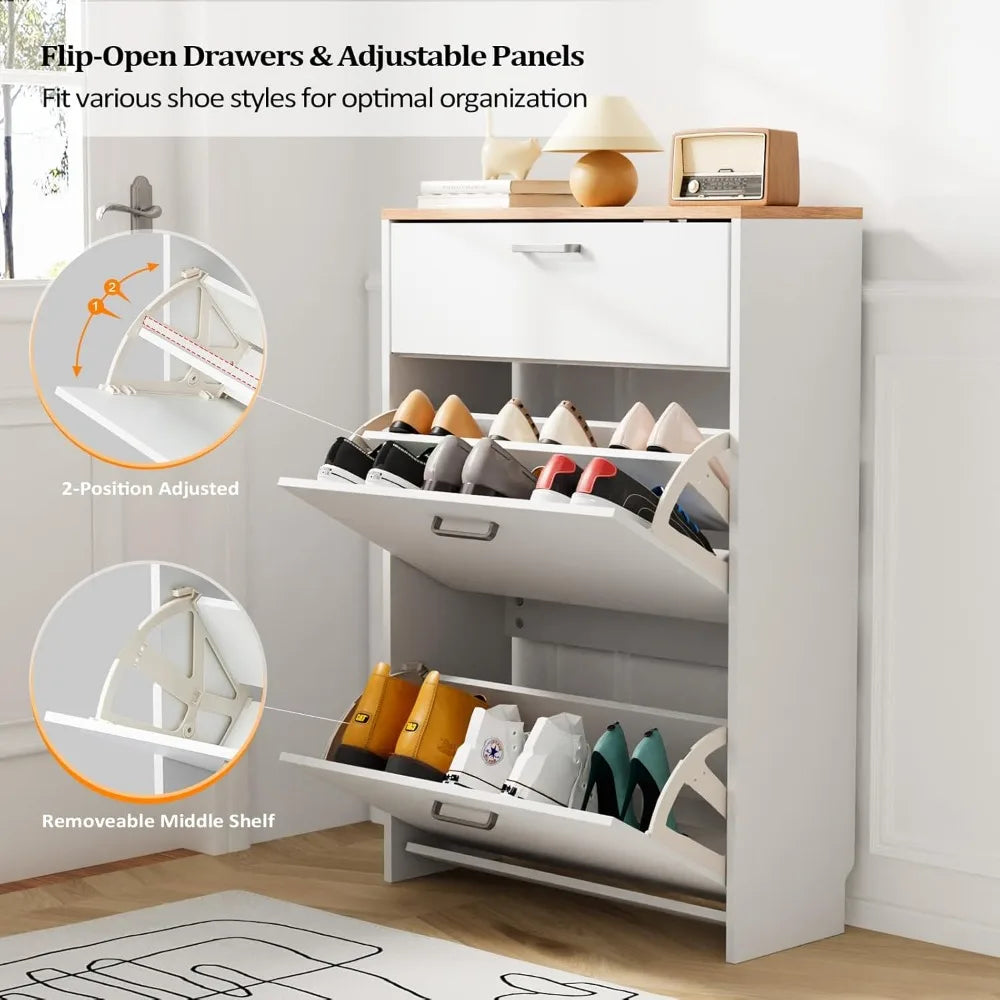 Shoe Cabinet Storage for Entryway Ultra Slim with 2 Flip &1Drop-Down Drawers, 24.8" W Narrow Shoe Cabinet for Front Door