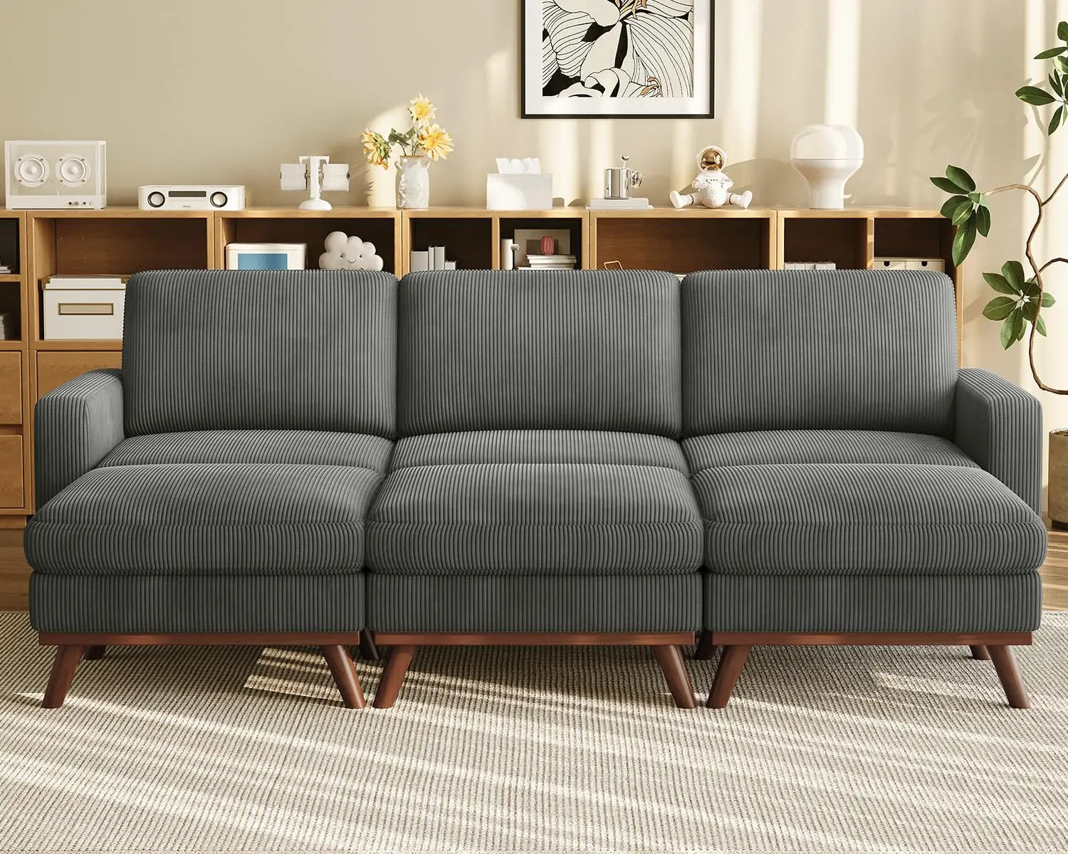 97" L-Shape Modular Sectional Sofa 3-Seat Corduroy Movable Ottoman Living Room Green, Customized