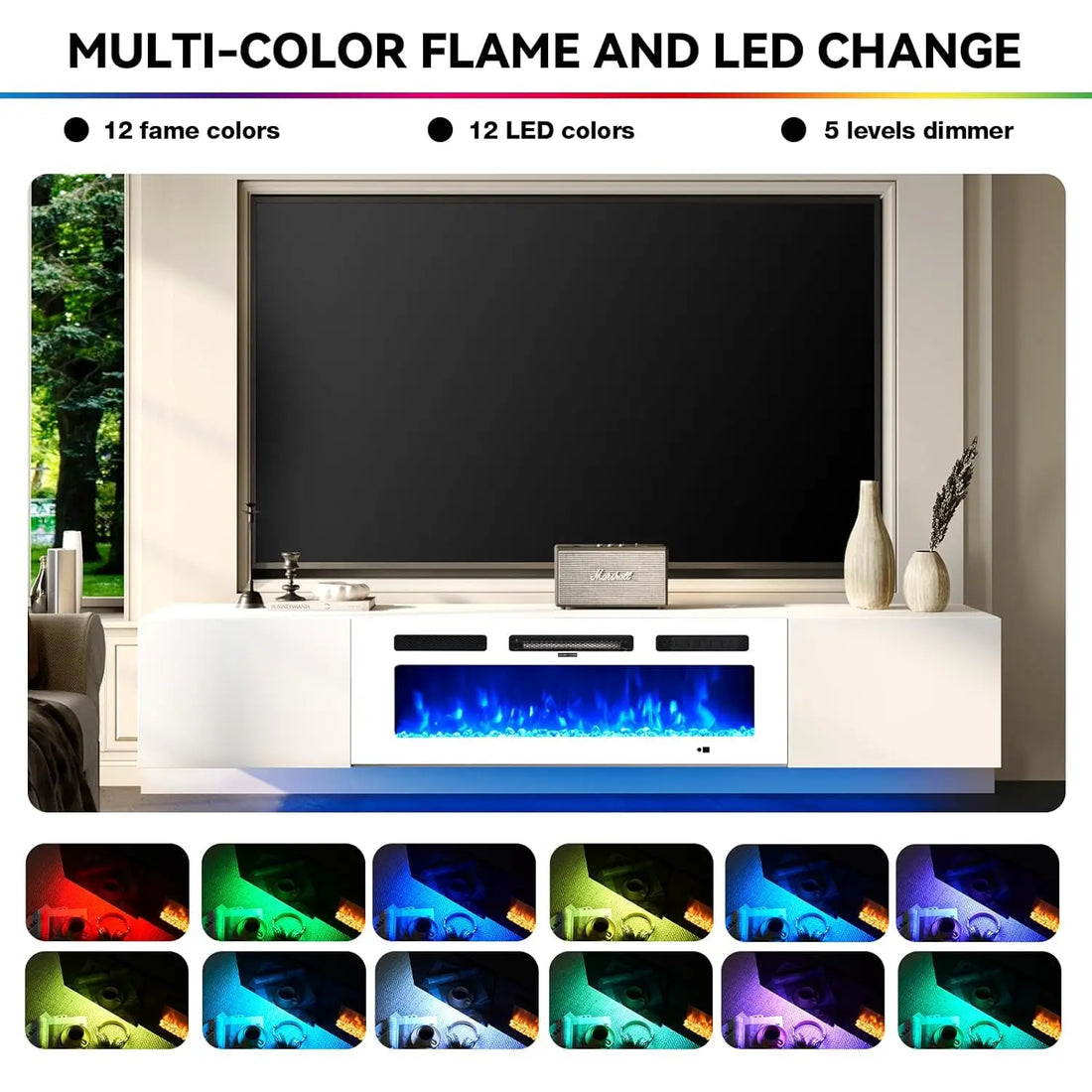 70in Wall Mount Floating TV Stand Console Electric Fireplace 36in 12-Color LED Storage Fit 80in TVs Living Room White Customized