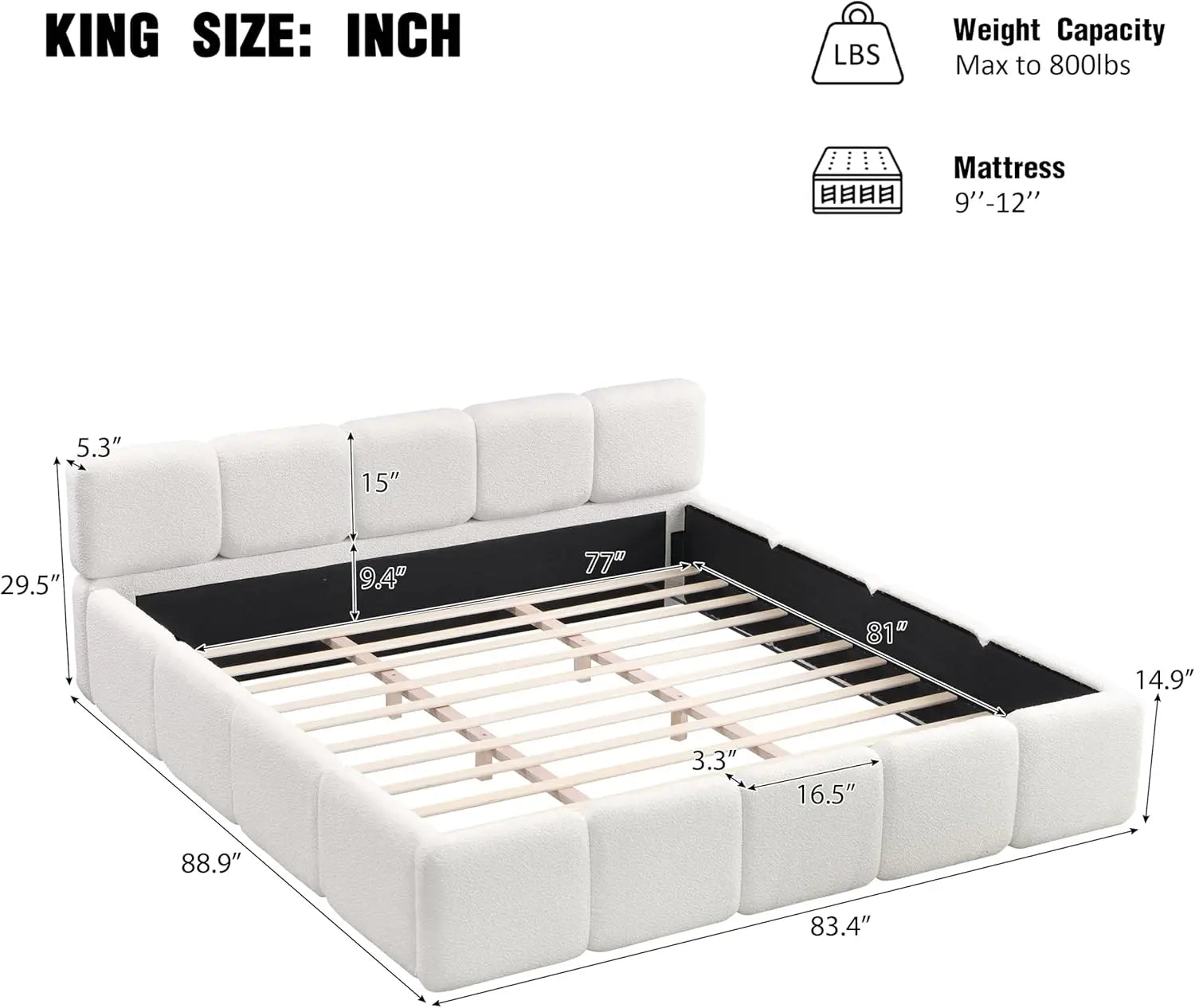 King Size Boucle Platform Bed with Thick Headboard and Footboard, Block Style Upholstery Floor Bed Frame, White