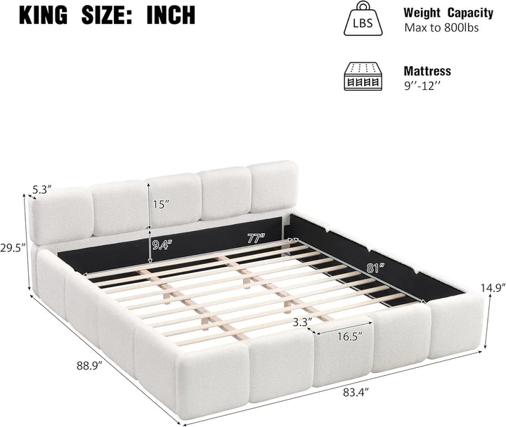 King Size Boucle Platform Bed with Thick Headboard and Footboard, Block Style Upholstery Floor Bed Frame, White