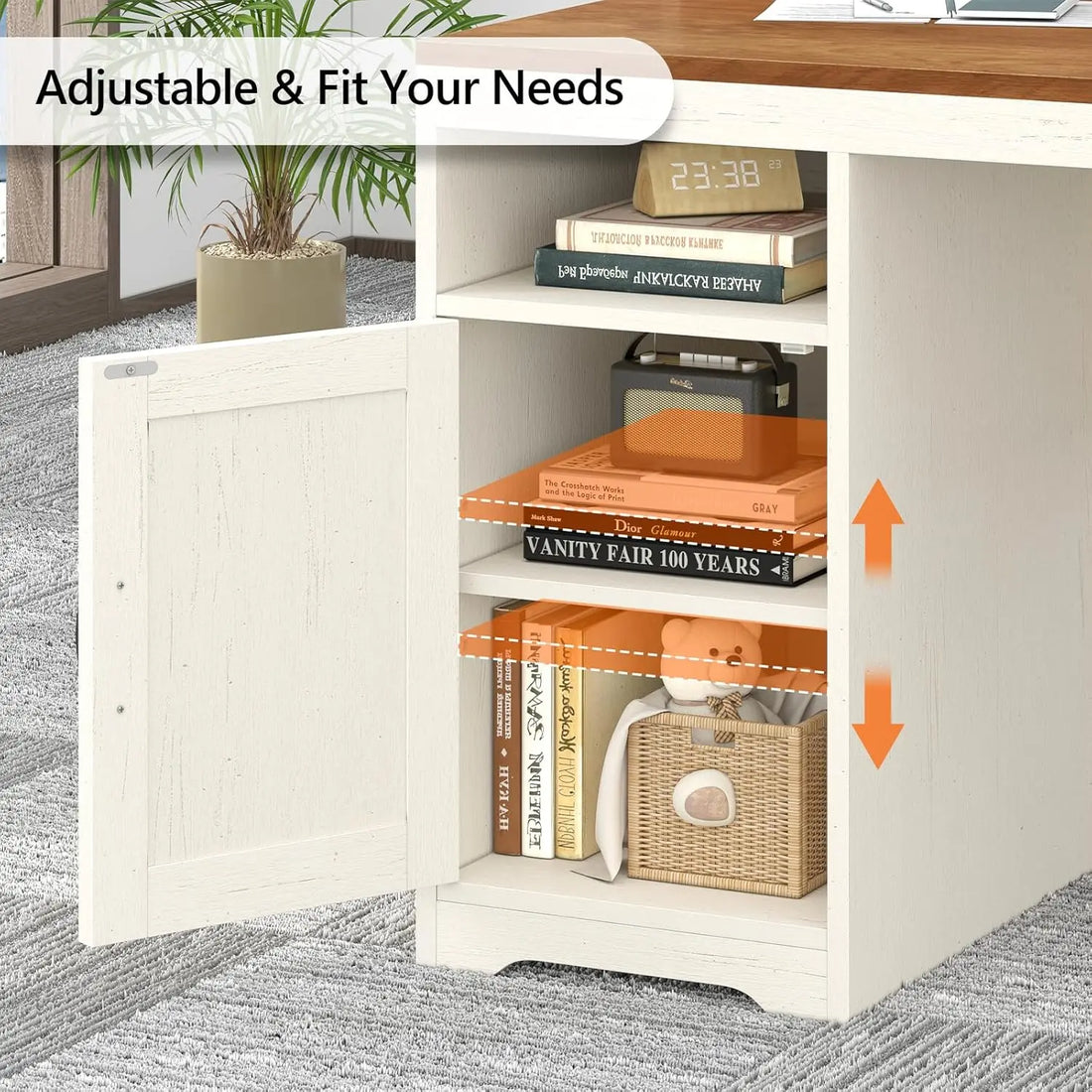 Farmhouse Computer Desk with Drawers, 65'' Home Office Desk with Power Outlets, Storage Cabinet and Printer Stand, Customized