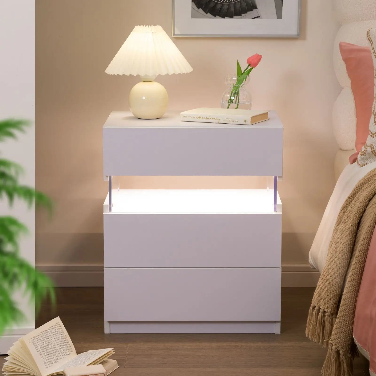 Cubehom Bedside Tables 2 Set with LED Lighting White Bedside Table with 3 Drawers Bedside Table for Bedroom