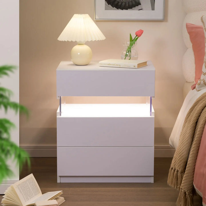 Cubehom Bedside Tables 2 Set with LED Lighting White Bedside Table with 3 Drawers Bedside Table for Bedroom