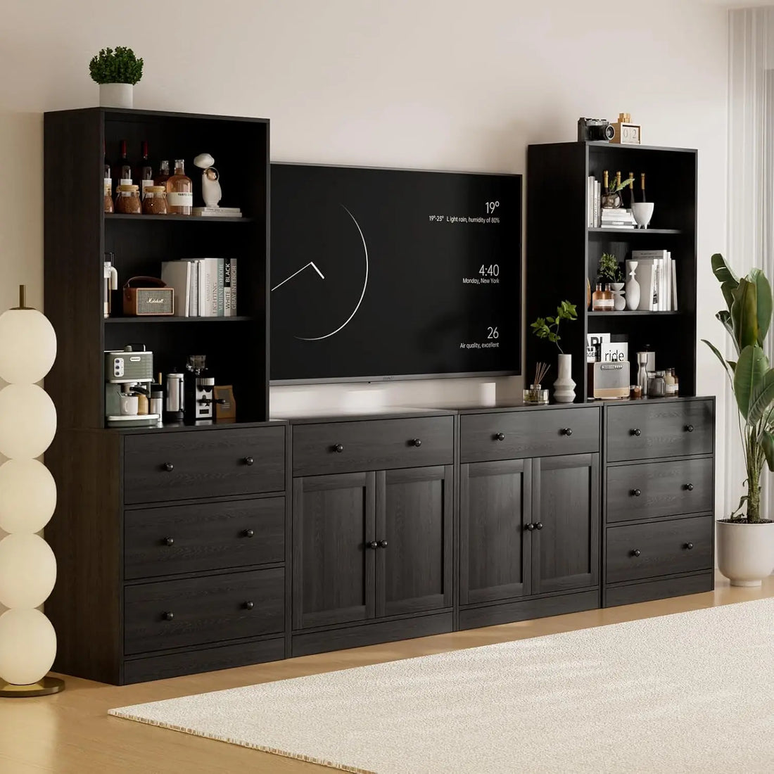 4-Piece Large TV Stand with Bookshelves for TVs up to 75", TV Entertainment Center Media Center with Tempered Glass Doors and Sh