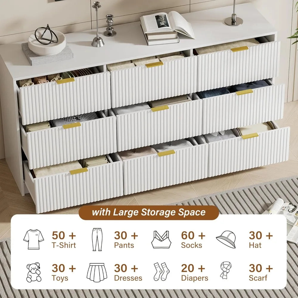 Dresser for Bedroom, Modern 9 Drawer Dresser with Smooth Slides and Gold Handles, Wide Bedroom Chest for Living Room