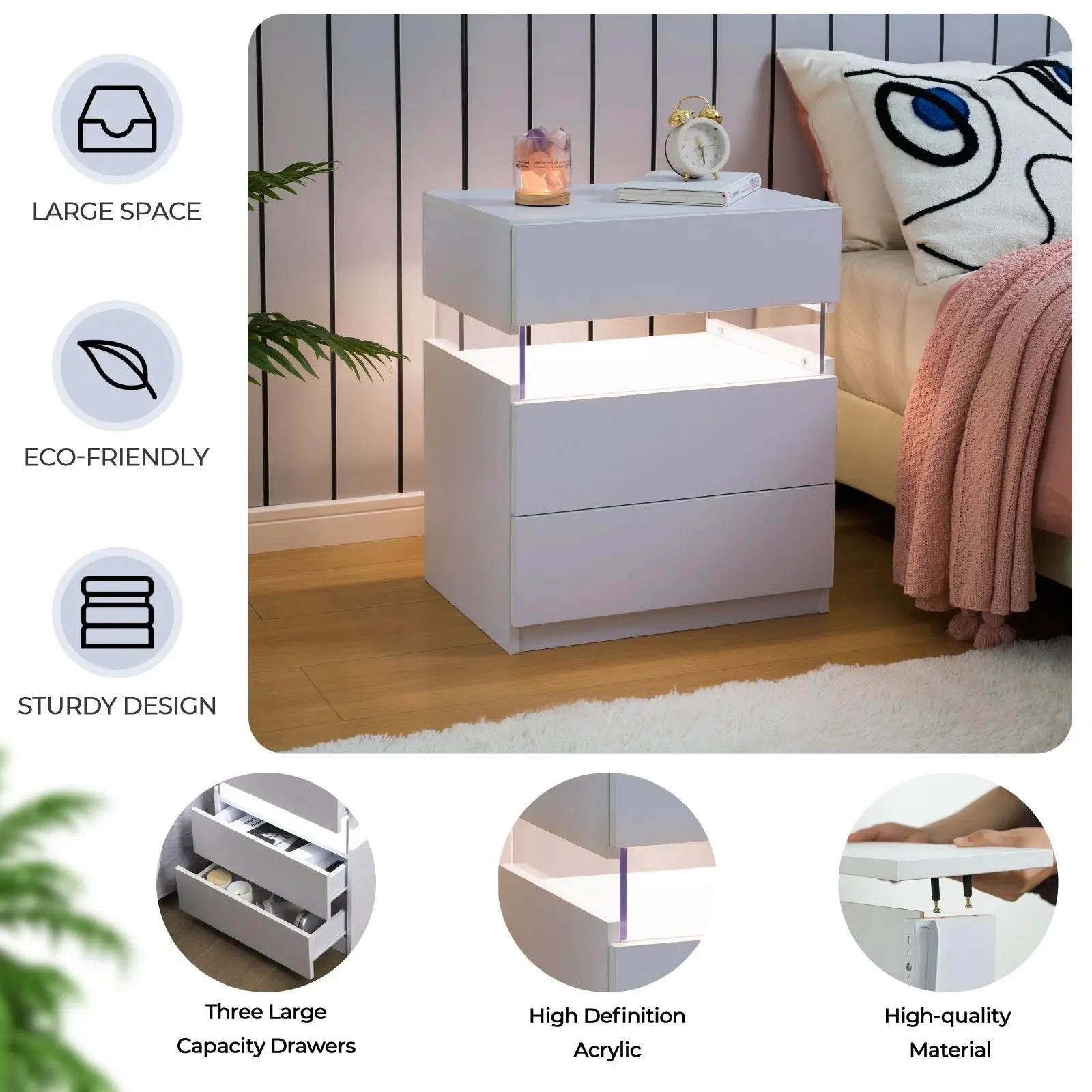 Cubehom Bedside Tables 2 Set with LED Lighting White Bedside Table with 3 Drawers Bedside Table for Bedroom