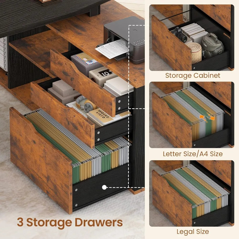 71" Executive Desk with File Cabinet, Large Office Desk with Drawers and Shelves, L Shaped Computer Desk with Power, Customized