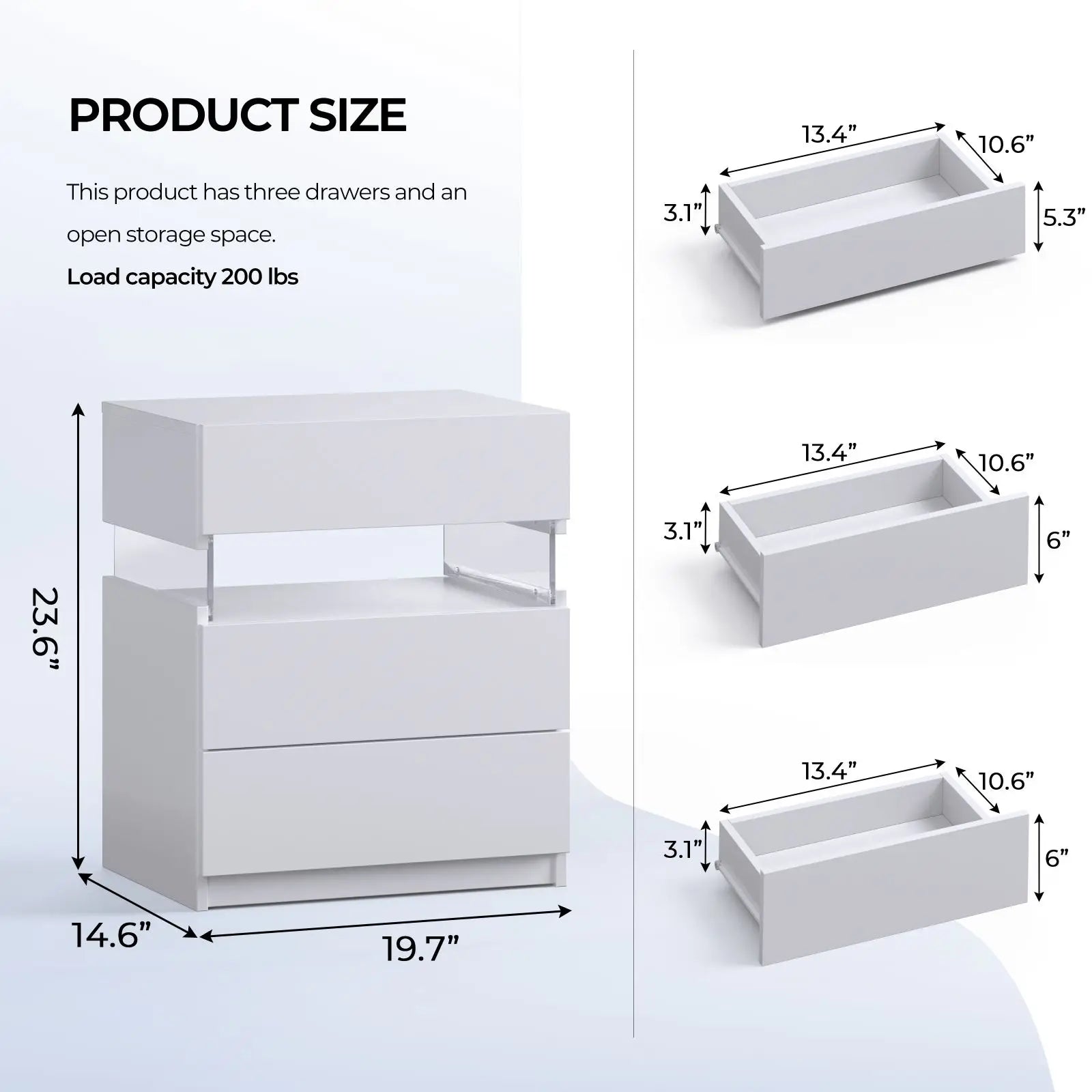Cubehom Bedside Tables 2 Set with LED Lighting White Bedside Table with 3 Drawers Bedside Table for Bedroom