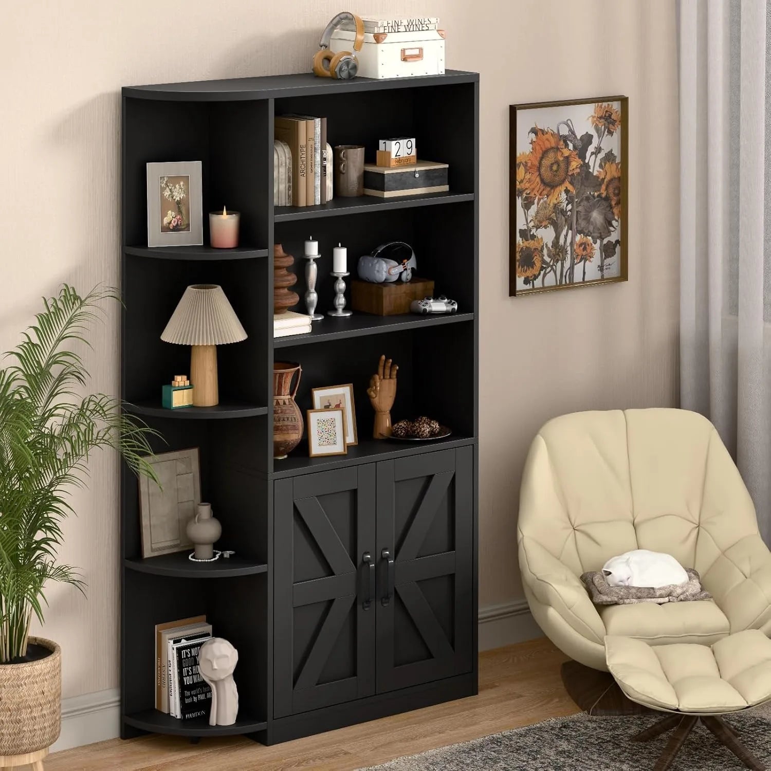 Wholesale Black Bookcase Corner Bookshelf With Shelves Cabinet Doors Adjustable Shelf For Living Room Office