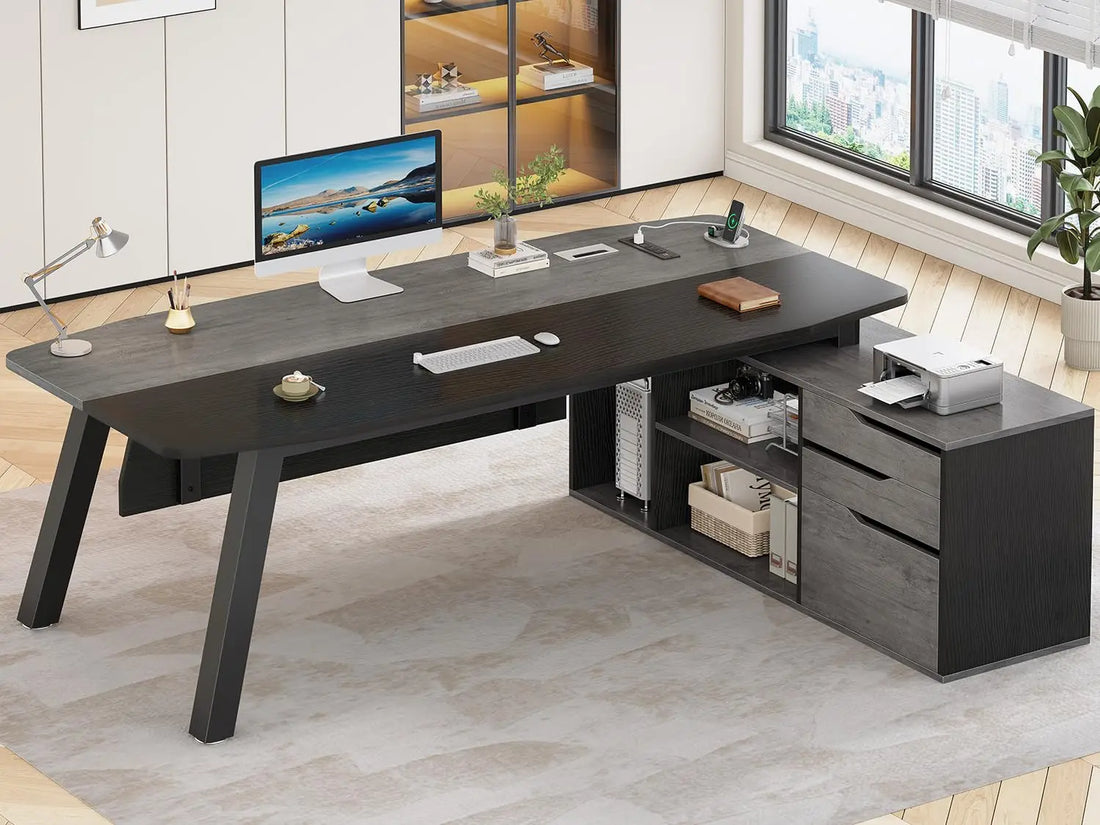 71" Executive Desk with File Cabinet, Large Office Desk with Drawers and Shelves, L Shaped Computer Desk with Power, Customized
