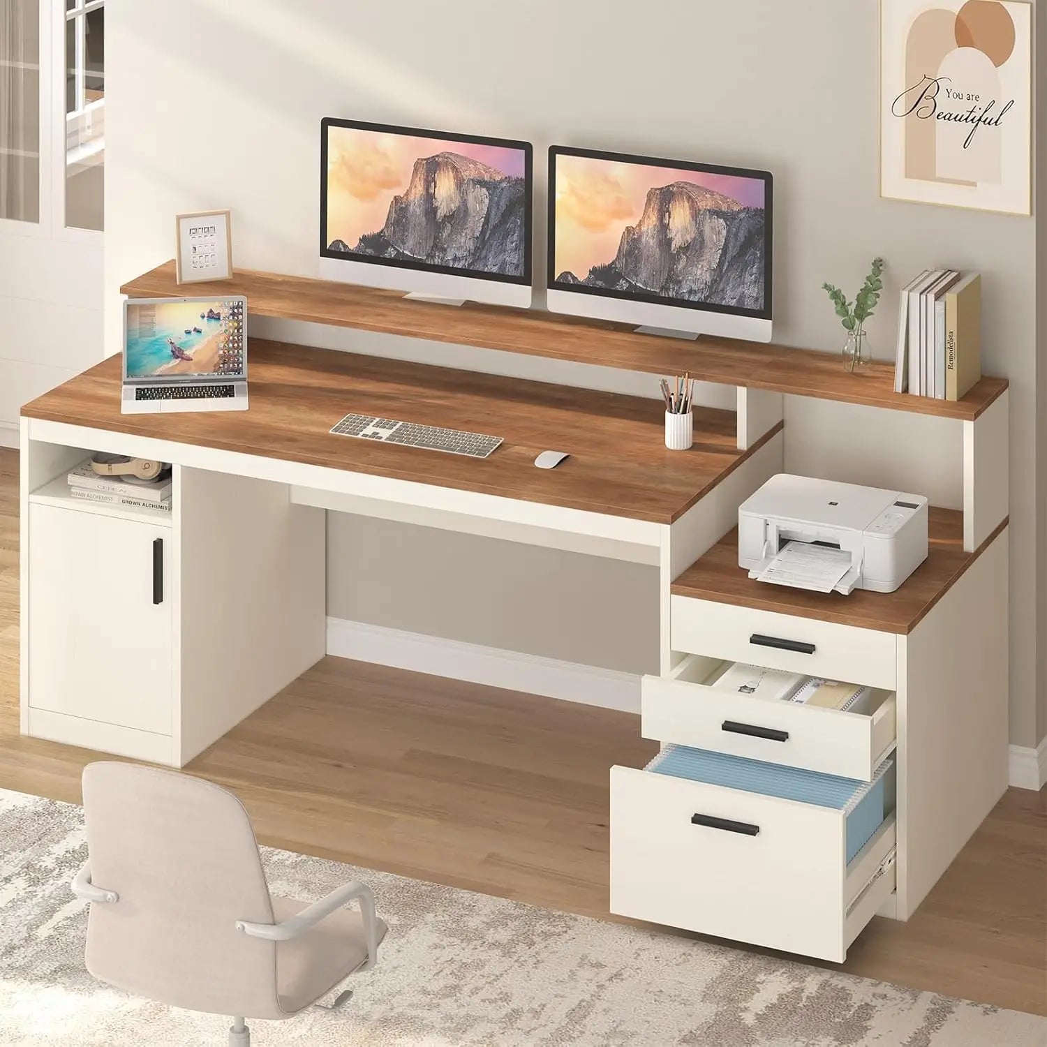 65 Inch Computer Desk with 3 Drawers & Storage Shelves, Executive Desk with File Drawer & Cabinet, Home Office Desk, Customized