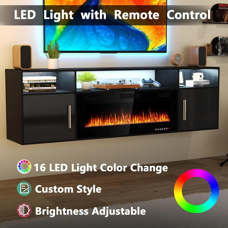 70" Floating TV Stand with 36" Electric Fireplace, High Gloss Finish Wall Mounted Electric Fireplace TV Stand with Storage and 1