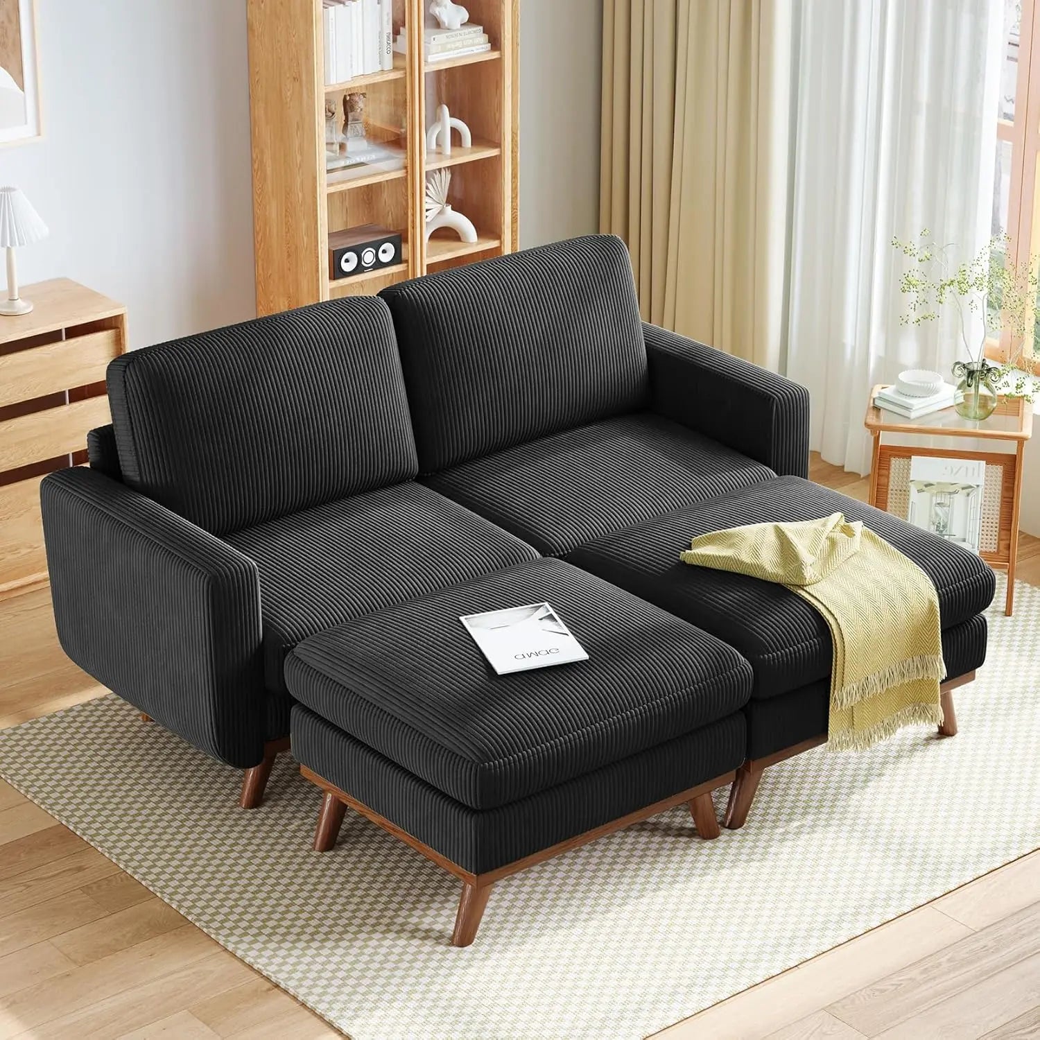 97" L-Shape Modular Sectional Sofa 3-Seat Corduroy Movable Ottoman Living Room Green, Customized