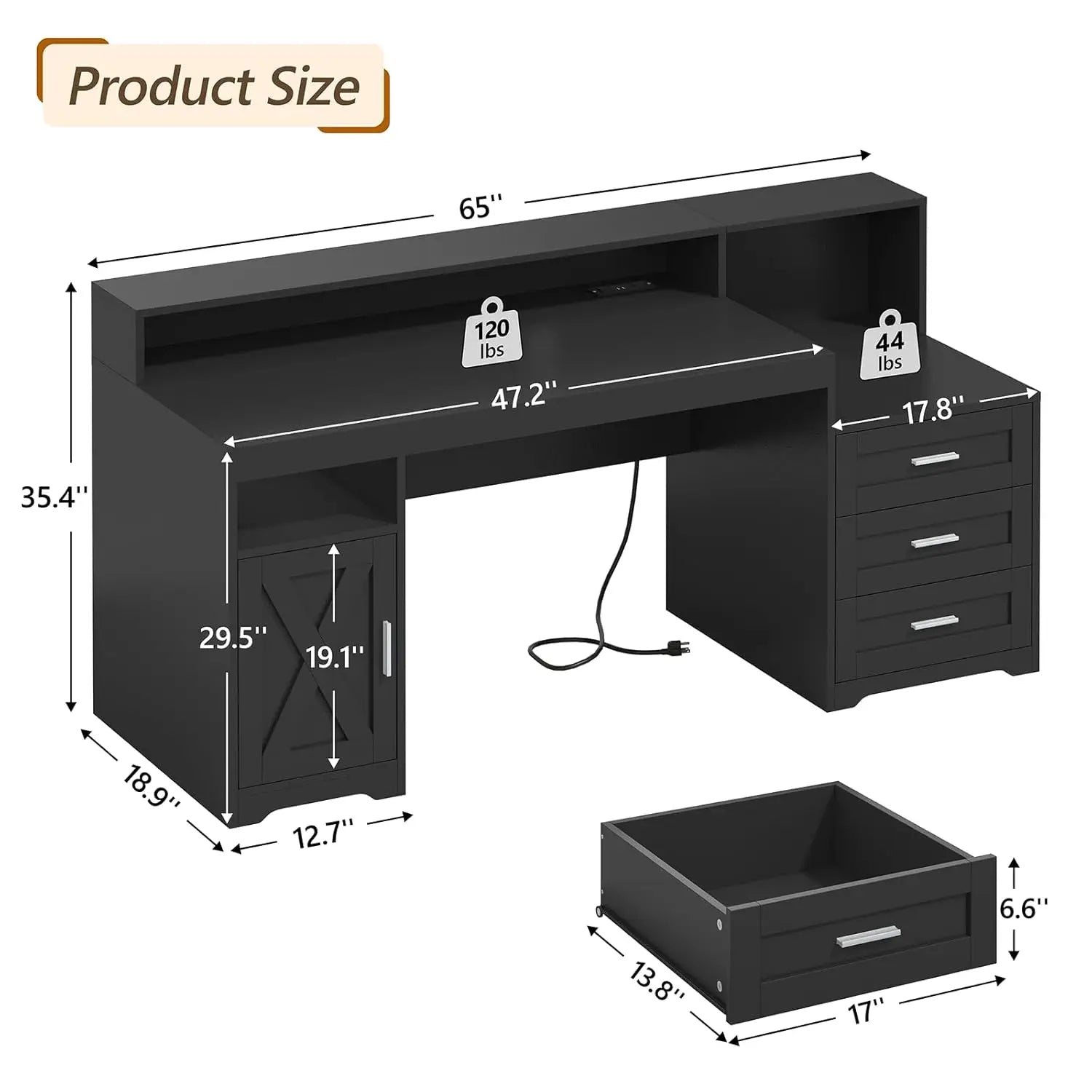Farmhouse Computer Desk with Drawers, 65'' Home Office Desk with Power Outlets, Storage Cabinet and Printer Stand, Customized