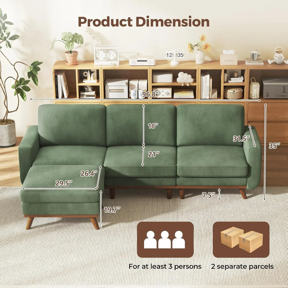 97" L-Shape Modular Sectional Sofa 3-Seat Corduroy Movable Ottoman Living Room Green, Customized
