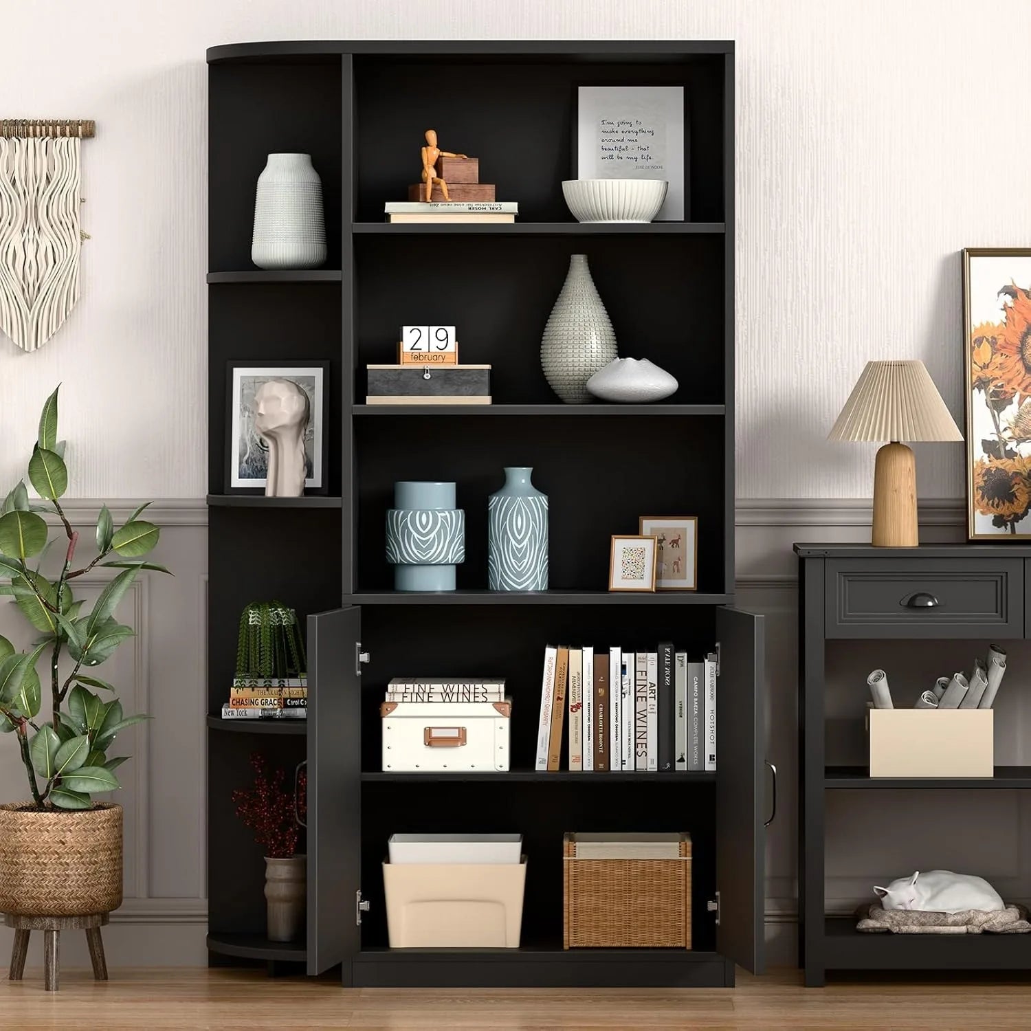 Wholesale Black Bookcase Corner Bookshelf With Shelves Cabinet Doors Adjustable Shelf For Living Room Office