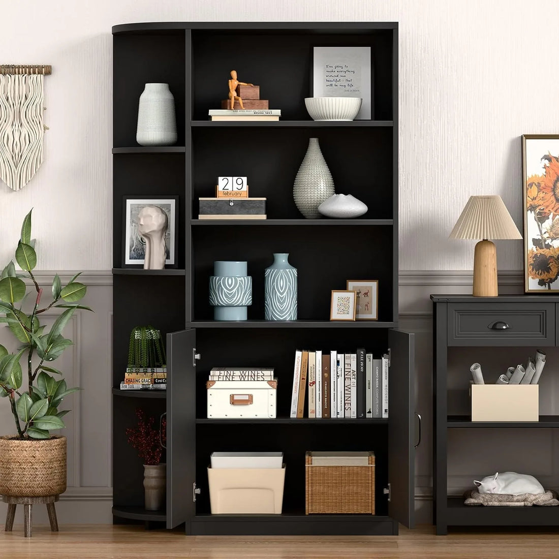 Wholesale Black Bookcase Corner Bookshelf With Shelves Cabinet Doors Adjustable Shelf For Living Room Office