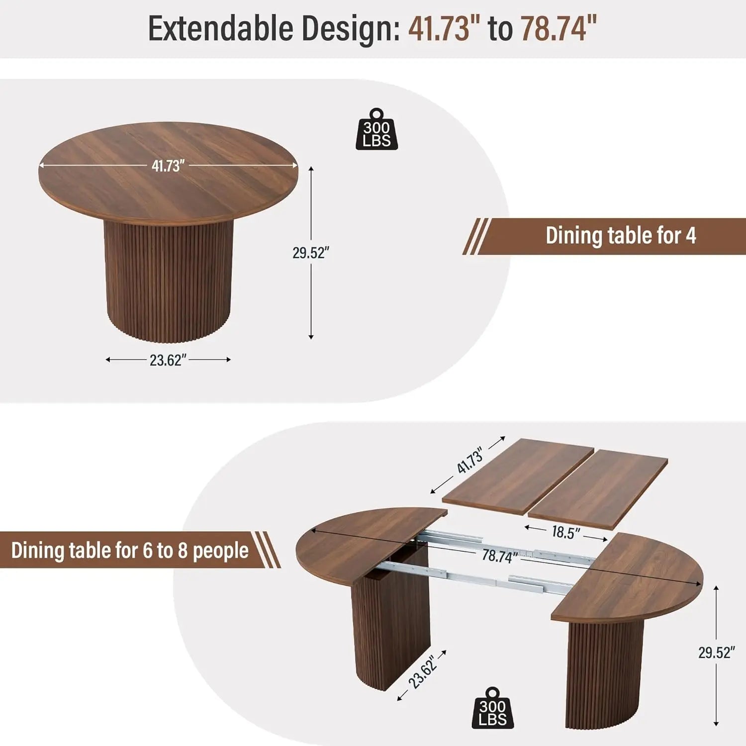 41 in-78 in Extendable Dining Room Table for 4-8, Round Expandable Kitchen Table with Fluted Base, Modern Farmhouse, Customized