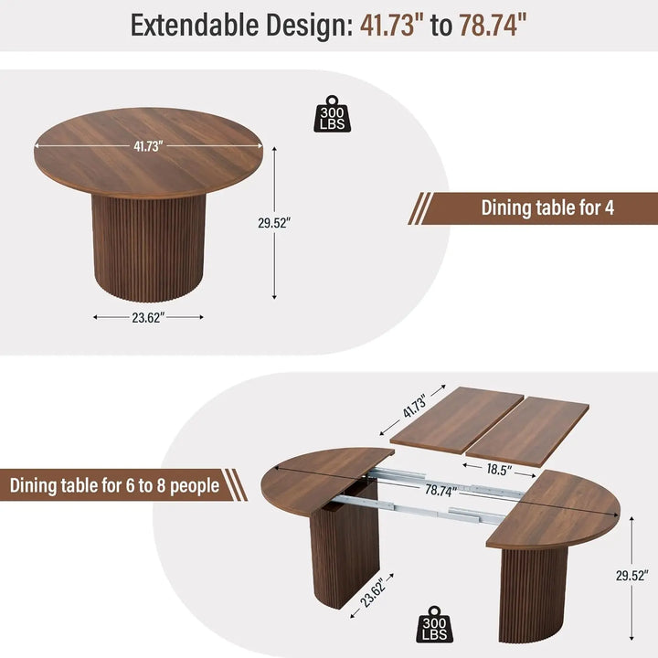 41 in-78 in Extendable Dining Room Table for 4-8, Round Expandable Kitchen Table with Fluted Base, Modern Farmhouse, Customized