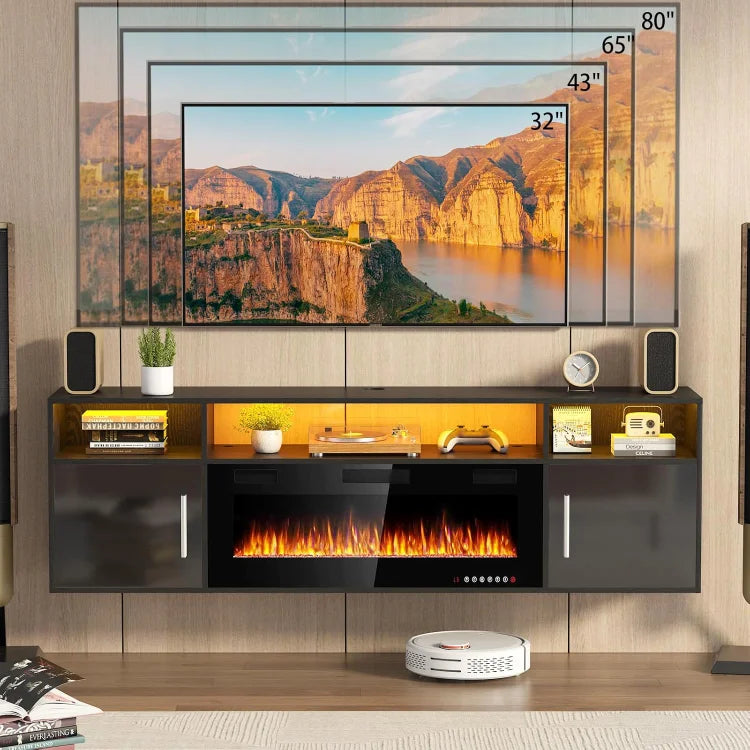 70" Floating TV Stand with 36" Electric Fireplace, High Gloss Finish Wall Mounted Electric Fireplace TV Stand with Storage and 1