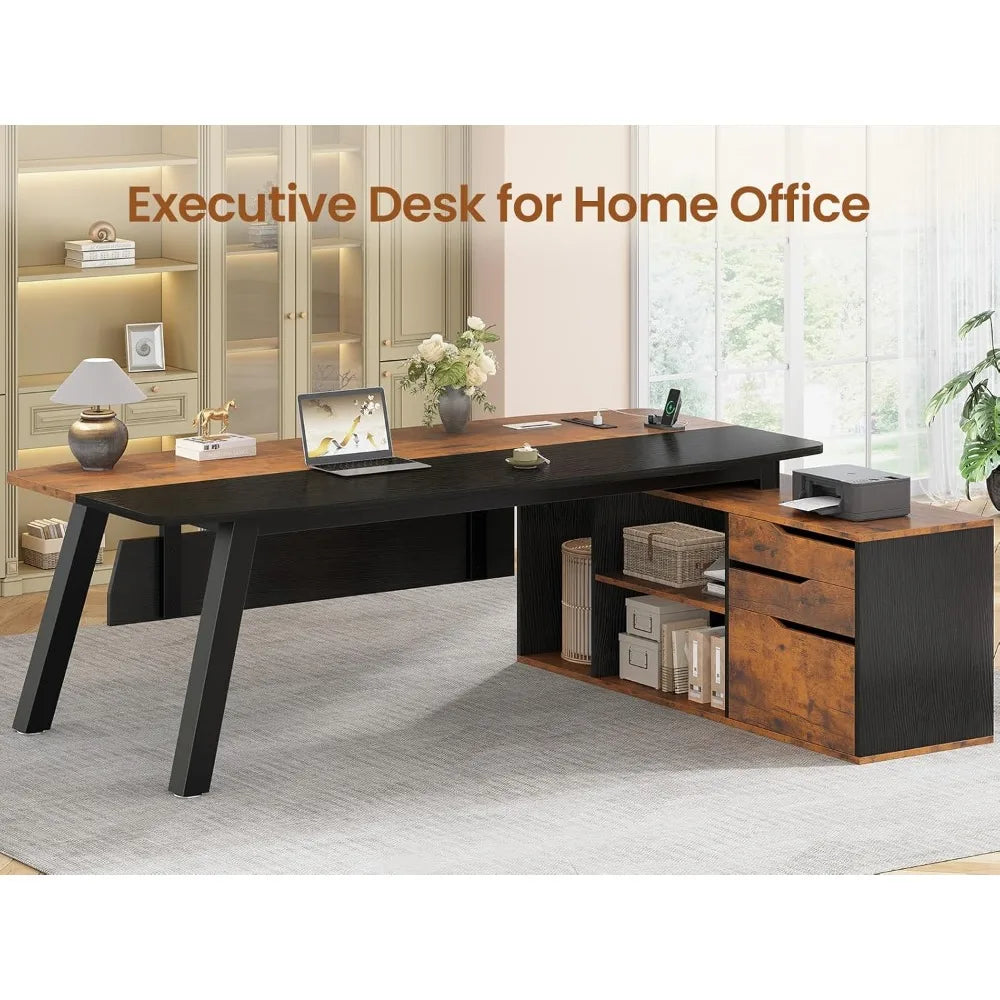 71" Executive Desk with File Cabinet, Large Office Desk with Drawers and Shelves, L Shaped Computer Desk with Power, Customized