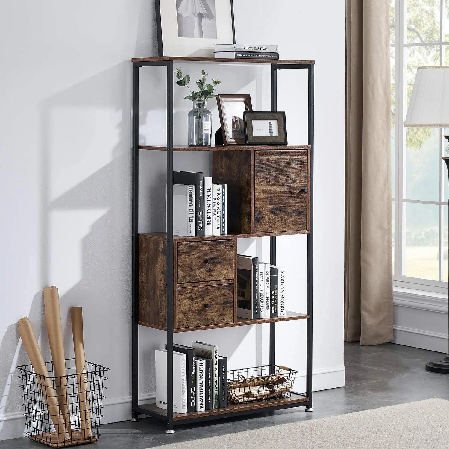 Bookcase With 2 Drawers 4 Tiers Storage Organizer Bookshelf And Cabinet For Living Room,Home Office