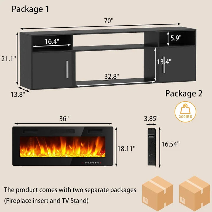 70" Floating TV Stand with 36" Electric Fireplace, High Gloss Finish Wall Mounted Electric Fireplace TV Stand with Storage and 1