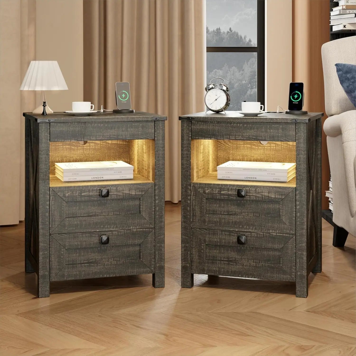 LED Nightstand Set of 2 with Gun Drawer: Bedside Table with Charging Station for Bedroom Furniture – Farmhouse, Customized