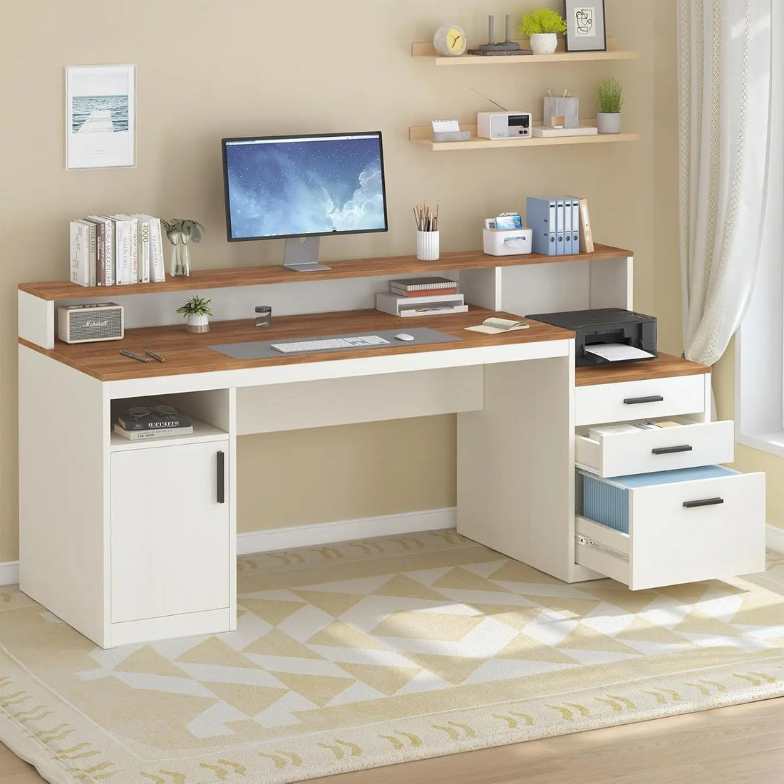 65 Inch Computer Desk with 3 Drawers & Storage Shelves, Executive Desk with File Drawer & Cabinet, Home Office Desk, Customized