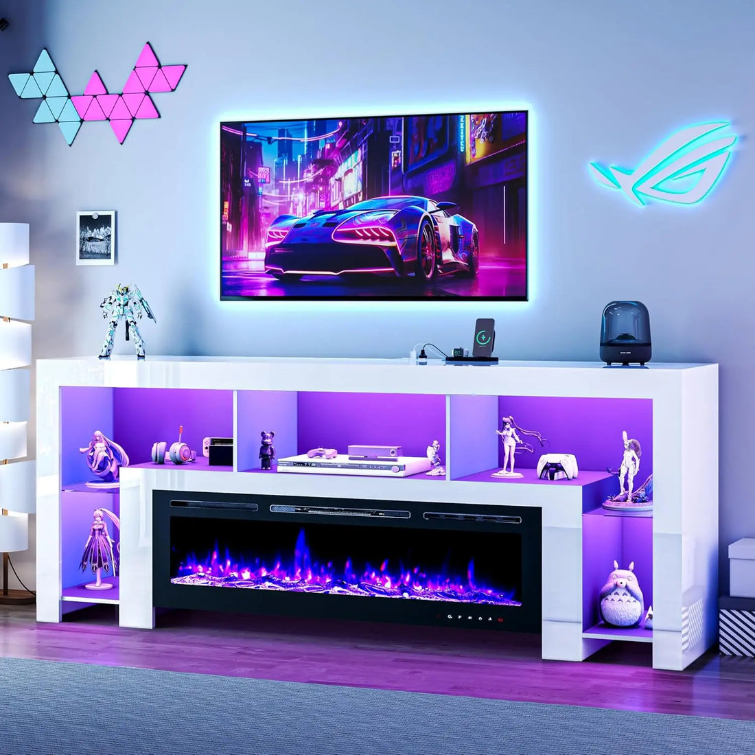 94.5" Fireplace TV Stand for TVs Up to 100", Gaming LED Entertainment Center with 50" Electric Fireplace, Modern High Gloss Medi