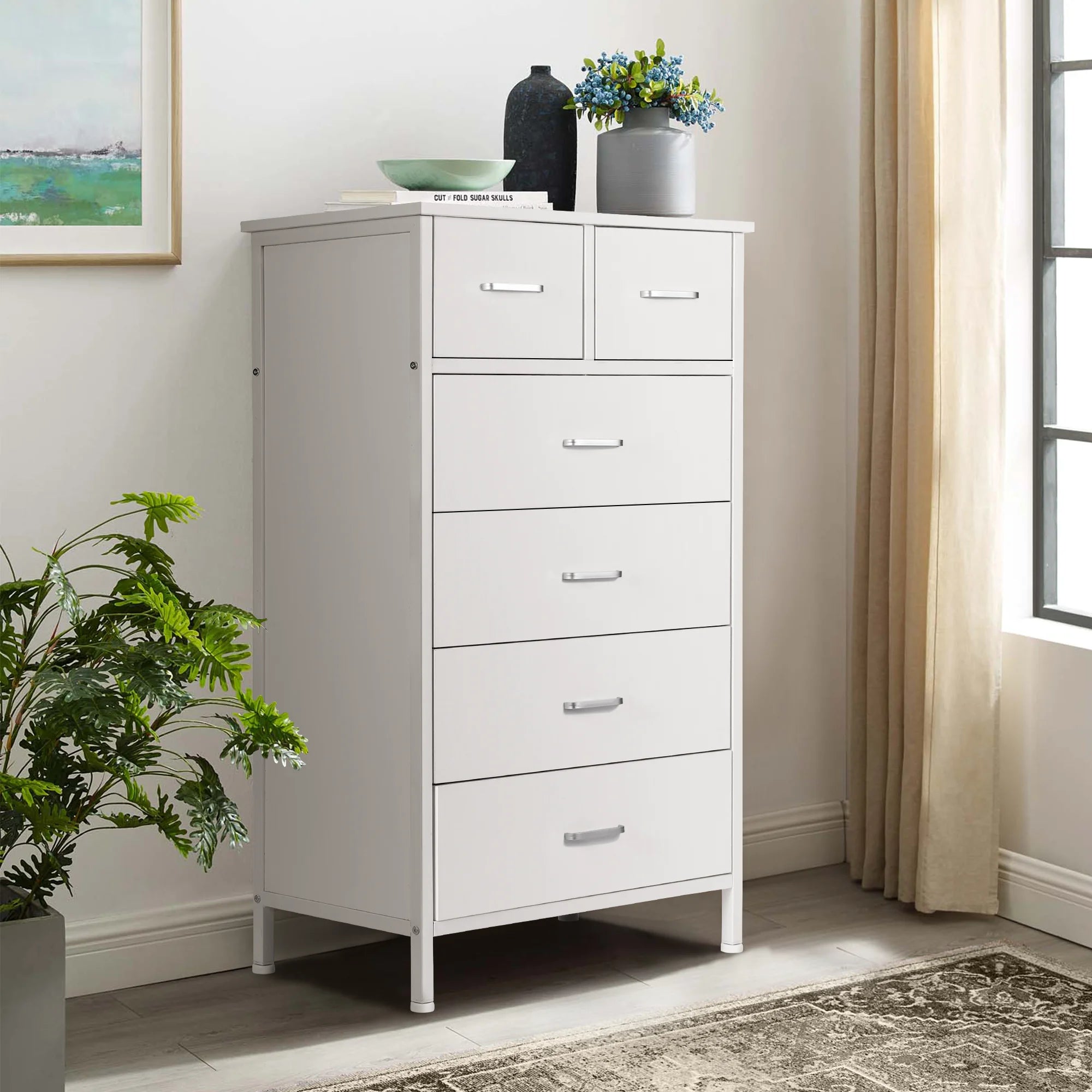 Chest of 6 Drawers, Drawer Dresser storage organizer for Bedroom, Living Room, Storage Cabinet Dresser with Steel Frame, White