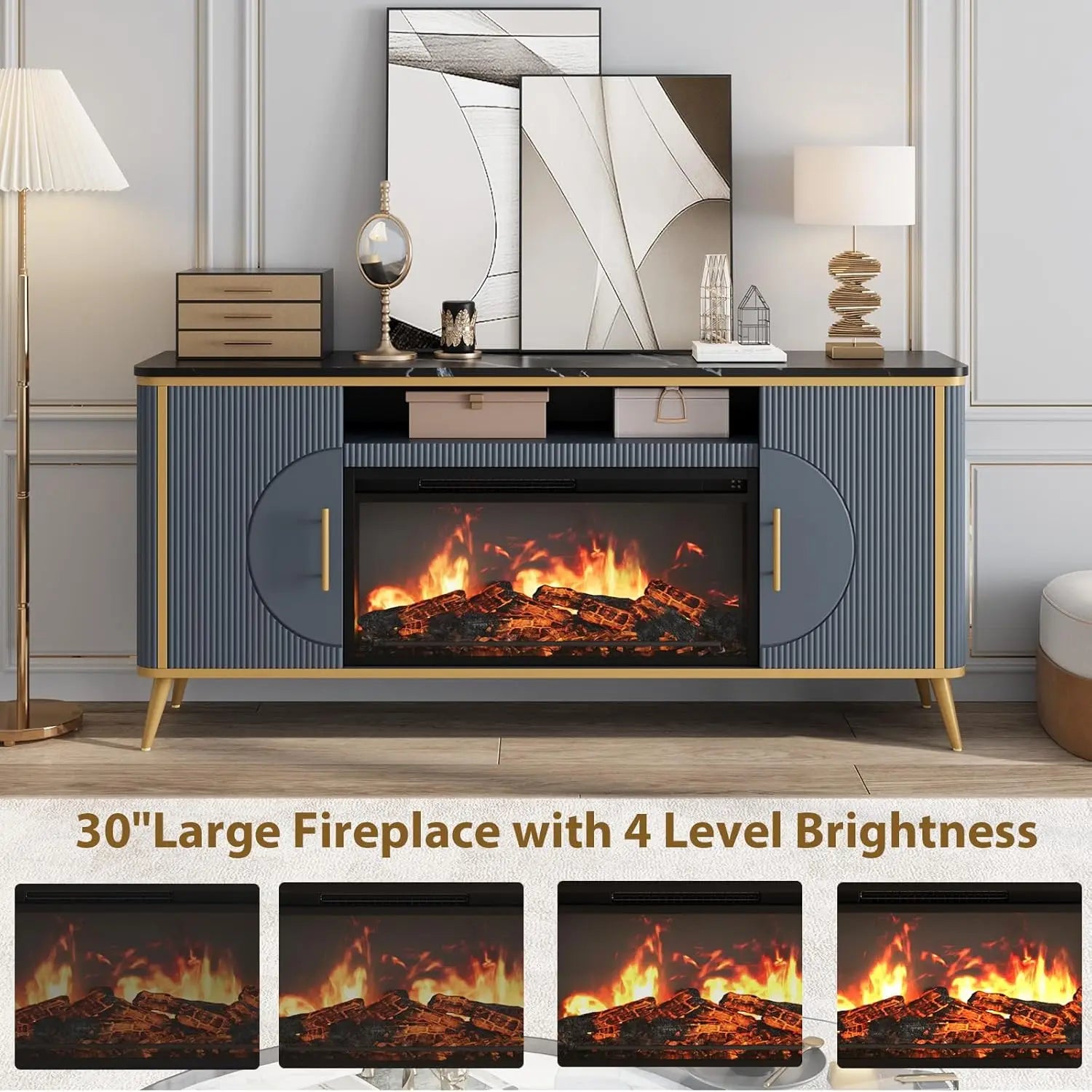 Modern Fluted TV Stand with Electric Fireplace for up to 80'' TVs Luxury Customizable Media Entertainment Center