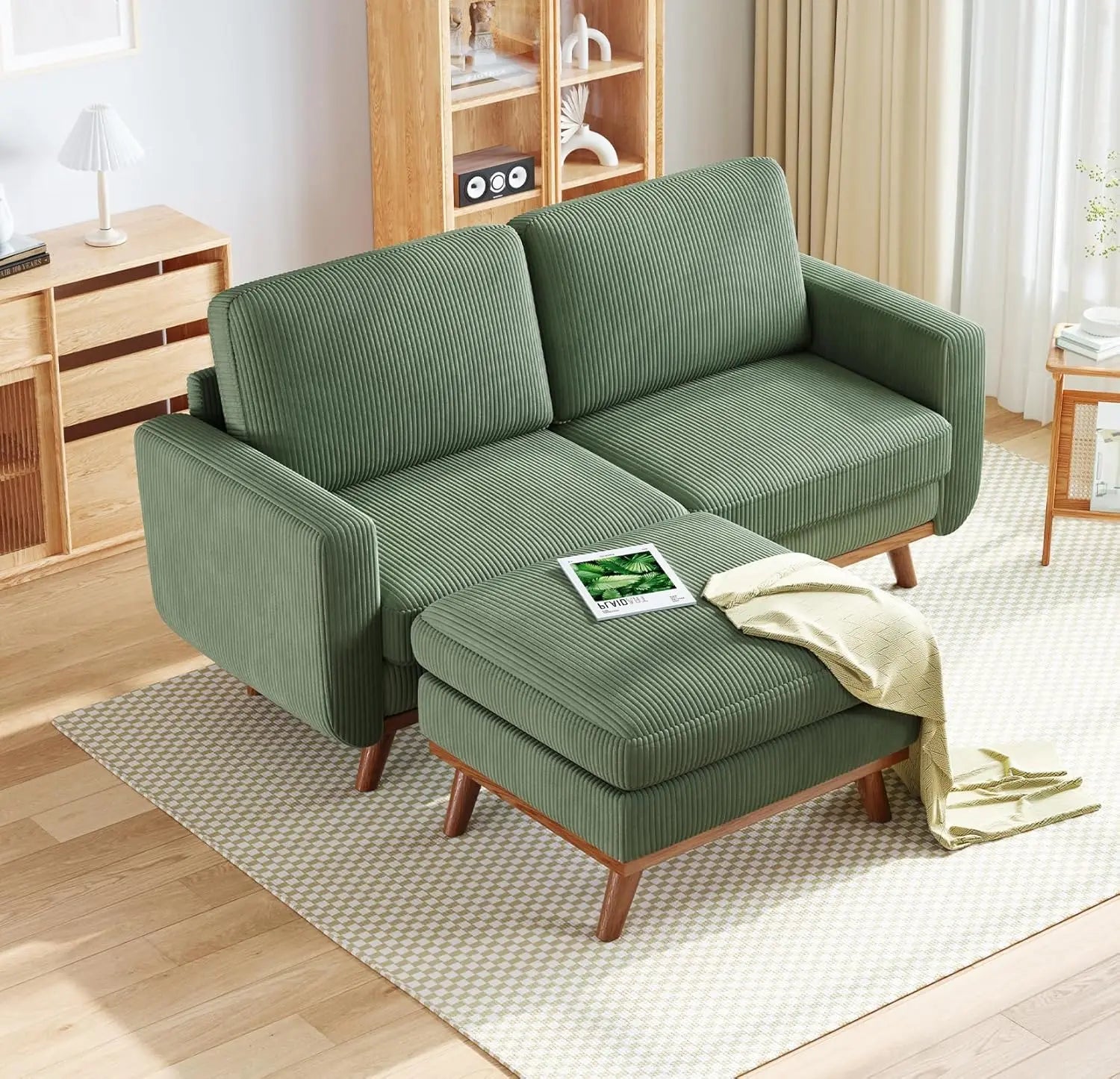 97" L-Shape Modular Sectional Sofa 3-Seat Corduroy Movable Ottoman Living Room Green, Customized