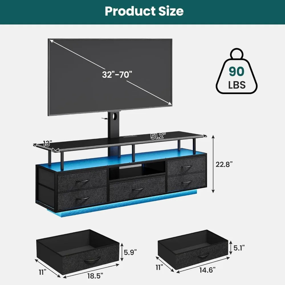 TV Stand with Mount for 32/55/65/70 inch TVs, 51.2 LED TV Stand with Power Outlets & Storage, Entertainment Center with S