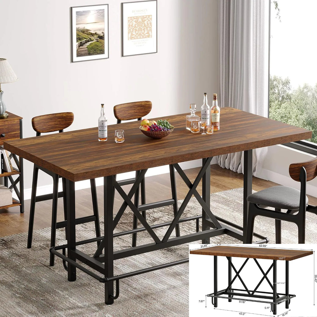 63-inch Dining Table for 4-6, Farmhouse Kitchen Table with Large Tabletop, Rectangular Eating Table for Dining Room, Living Room