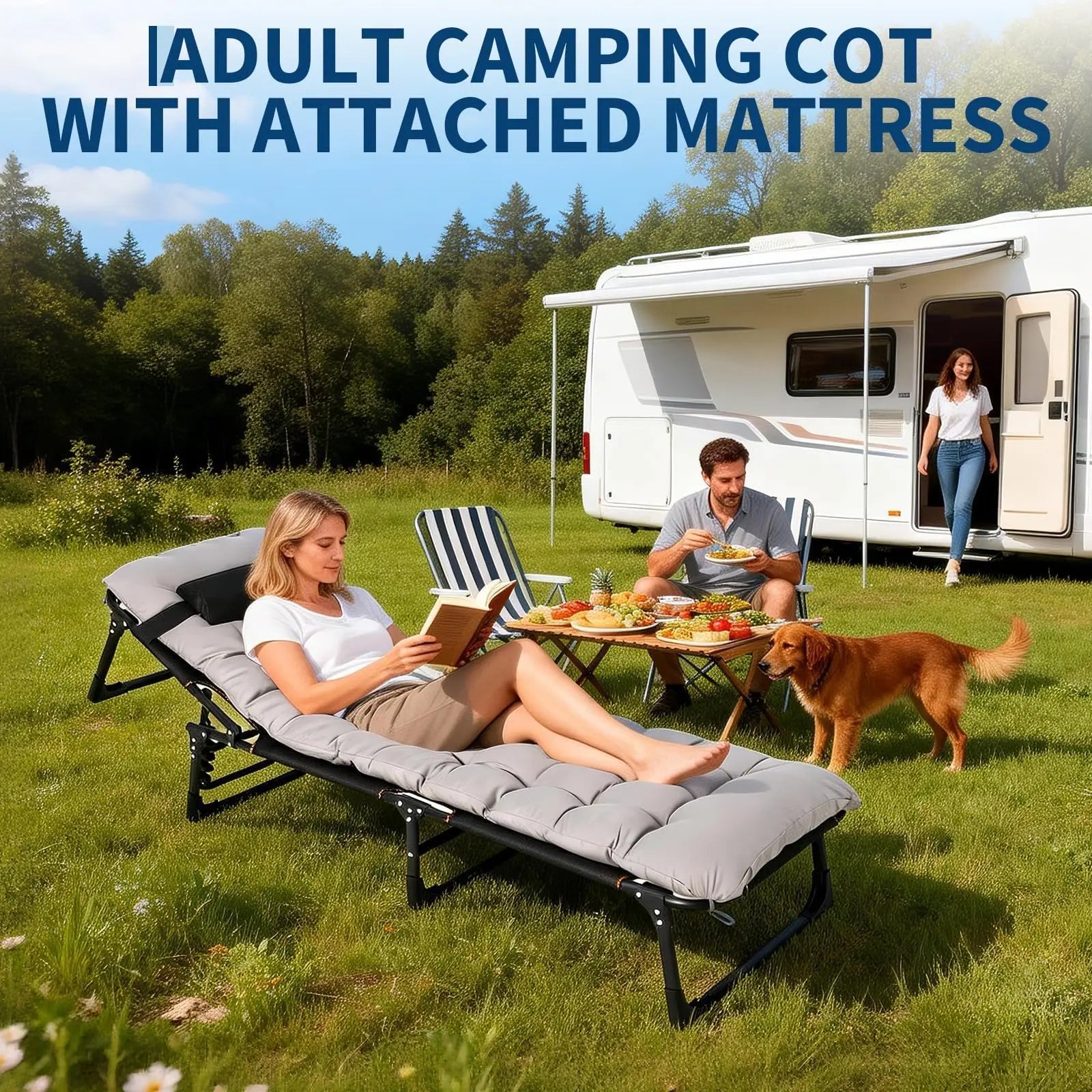Portable Camping Cot for Adults, Folding Sleeping Cot with Removable Thick Mattress & Carry Bag, Double Layer Oxford Camping Bed