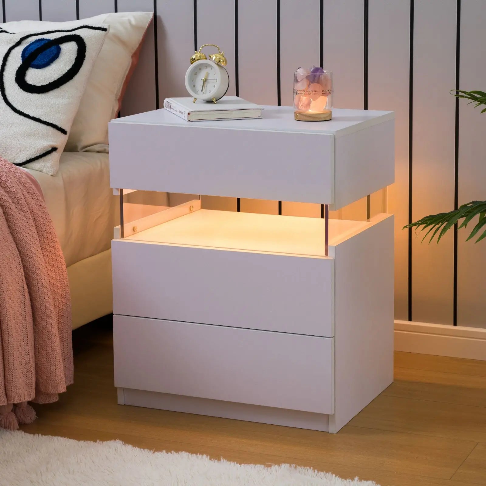Cubehom Bedside Tables 2 Set with LED Lighting White Bedside Table with 3 Drawers Bedside Table for Bedroom